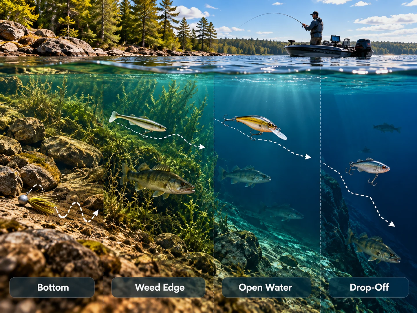 Underwater fishing diagram showing bottom, weed edge, open water and drop-off lure zones