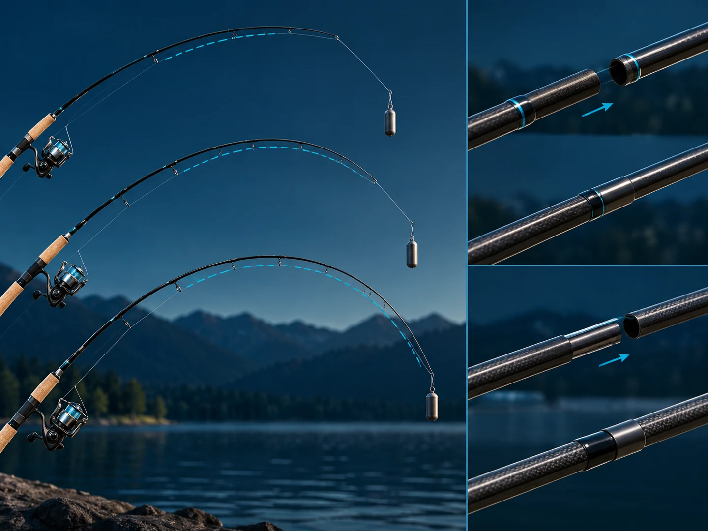Generic fishing rod bend and ferrule comparison for action and multi-piece construction