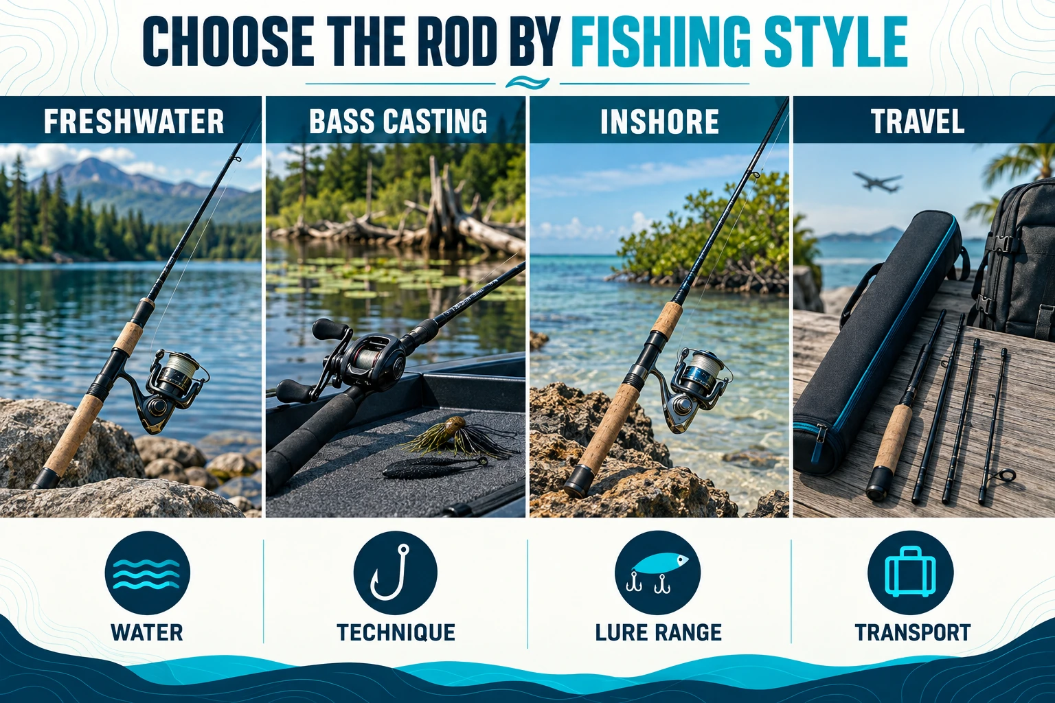 Fishing rod selection guide showing freshwater, bass casting, inshore, and travel use cases