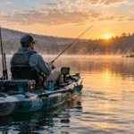 Angler fishing from a sit-on-top kayak on a calm lake at sunrise