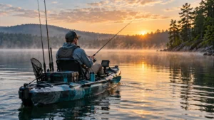 Angler fishing from a sit-on-top kayak on a calm lake at sunrise