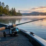 Spinning rod and reel on a fishing boat at sunrise on a calm freshwater lake