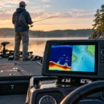 Fish finder mounted at a bass boat console on a calm freshwater lake at sunrise