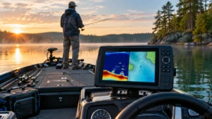 Fish finder mounted at a bass boat console on a calm freshwater lake at sunrise