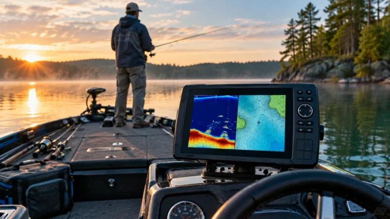 Fish finder mounted at a bass boat console on a calm freshwater lake at sunrise