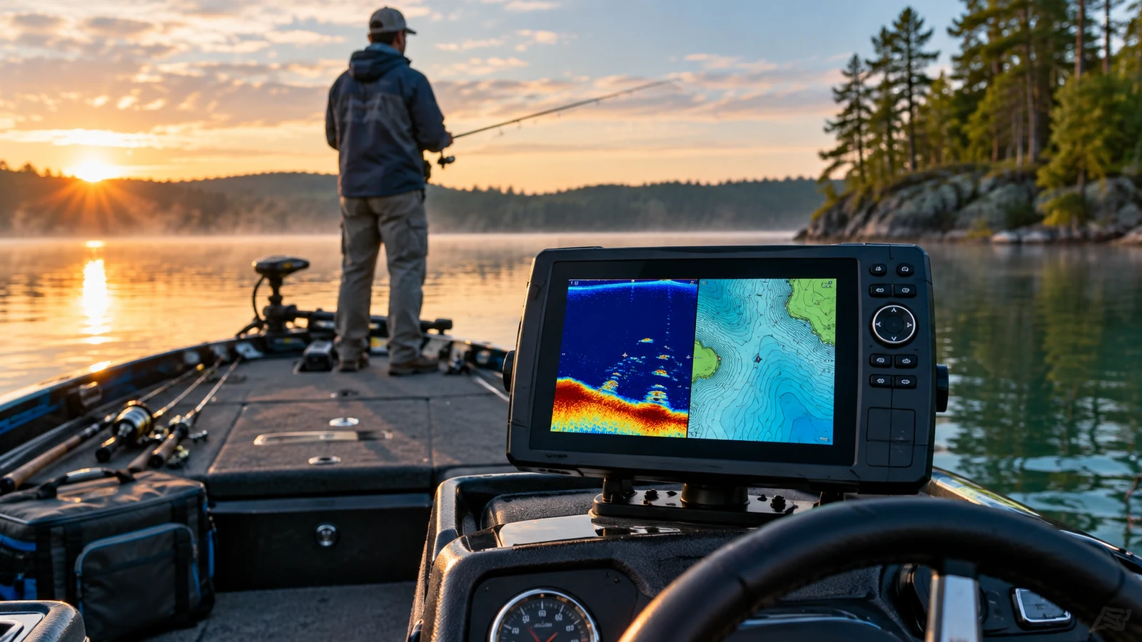 Fish finder mounted at a bass boat console on a calm freshwater lake at sunrise