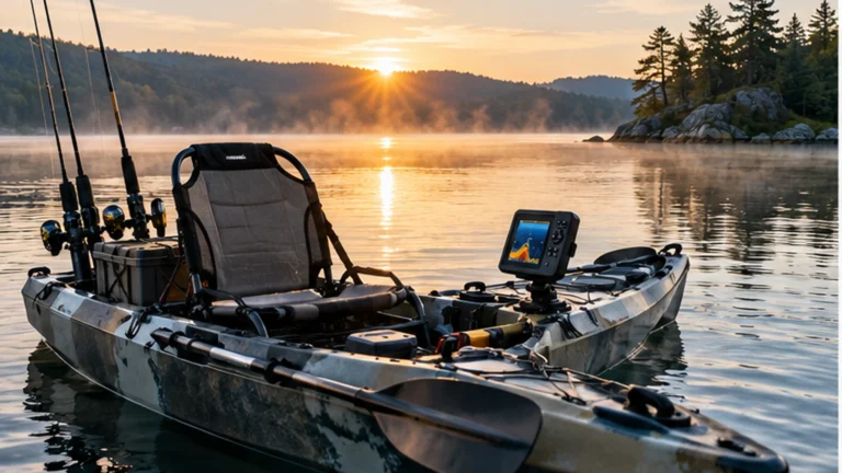 Fishing kayak on a calm lake with a compact fish finder mounted near the cockpit