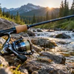 Ultralight spinning rod and compact reel beside a mountain stream at sunrise