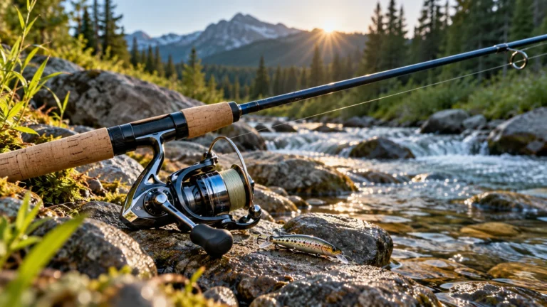 Ultralight spinning rod and compact reel beside a mountain stream at sunrise