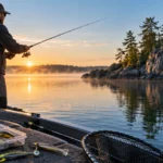 Walleye angler fishing from a boat at sunrise on a rocky northern lake