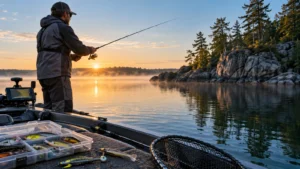 Walleye angler fishing from a boat at sunrise on a rocky northern lake