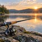 Spinning rod and reel beside a calm lake at sunrise