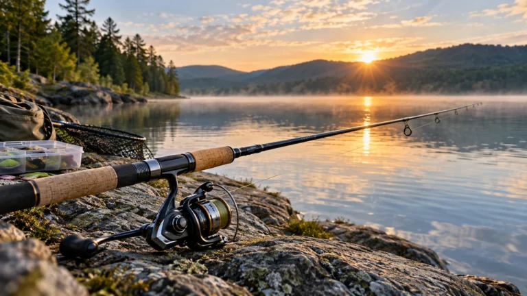 Spinning rod and reel beside a calm lake at sunrise