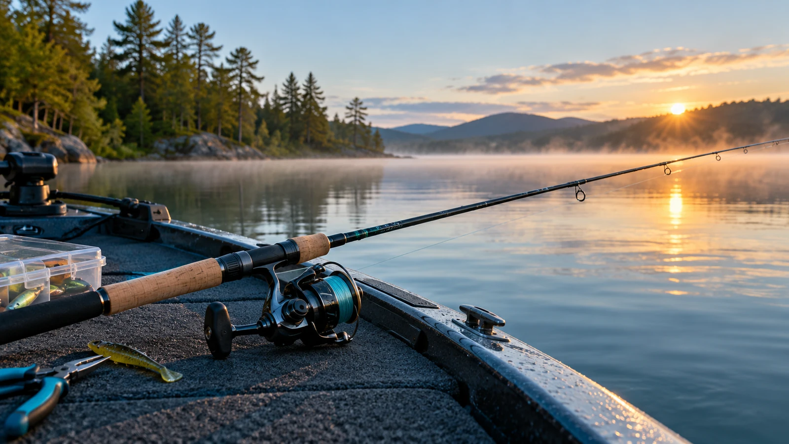 Spinning rod and reel on a fishing boat at sunrise on a calm freshwater lake