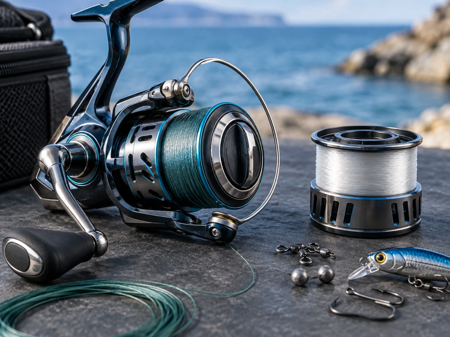 Close-up of a generic spinning reel spool, bail, braid, and spare line