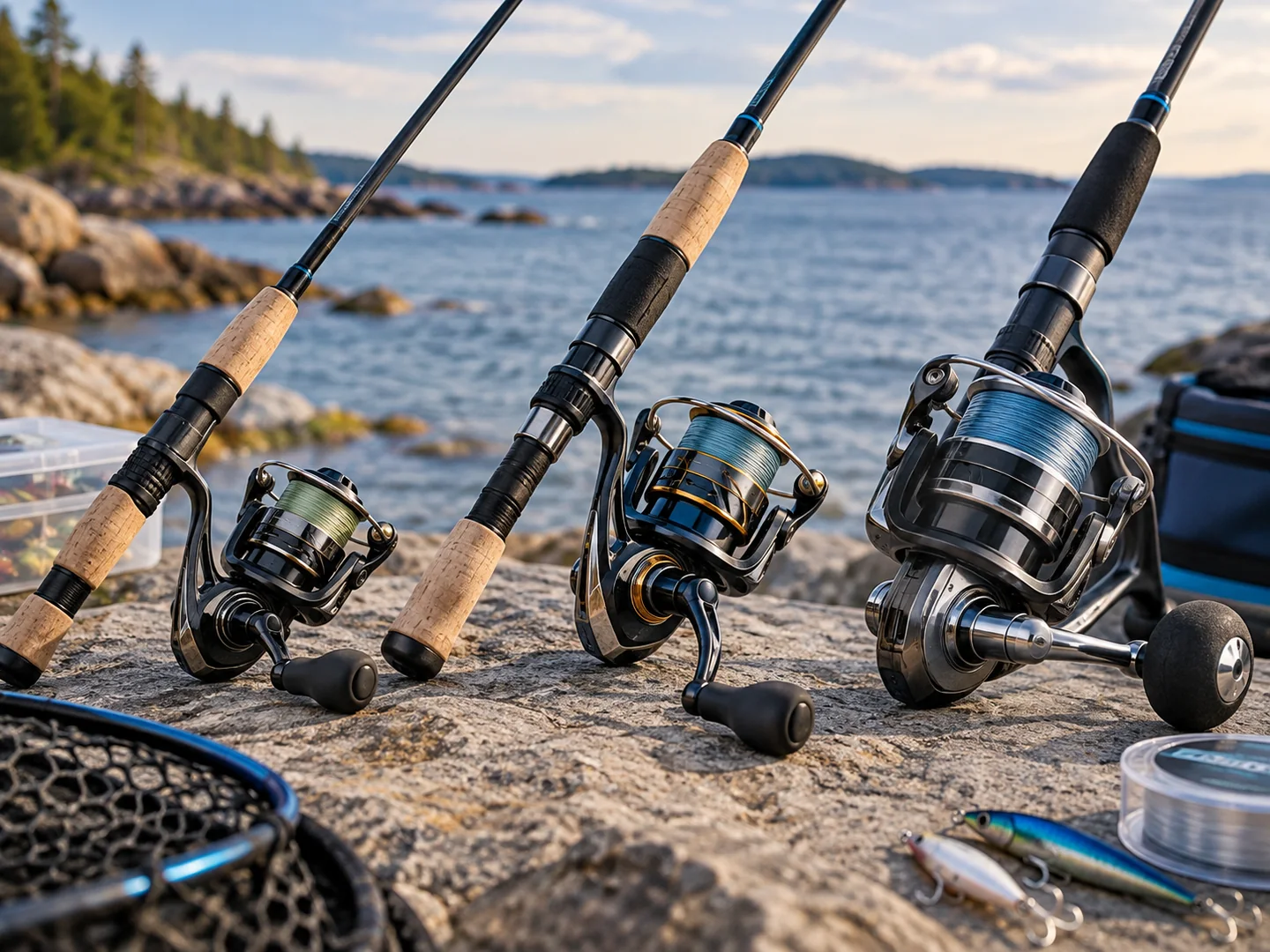 Three generic spinning reel and rod setups in progressively larger sizes