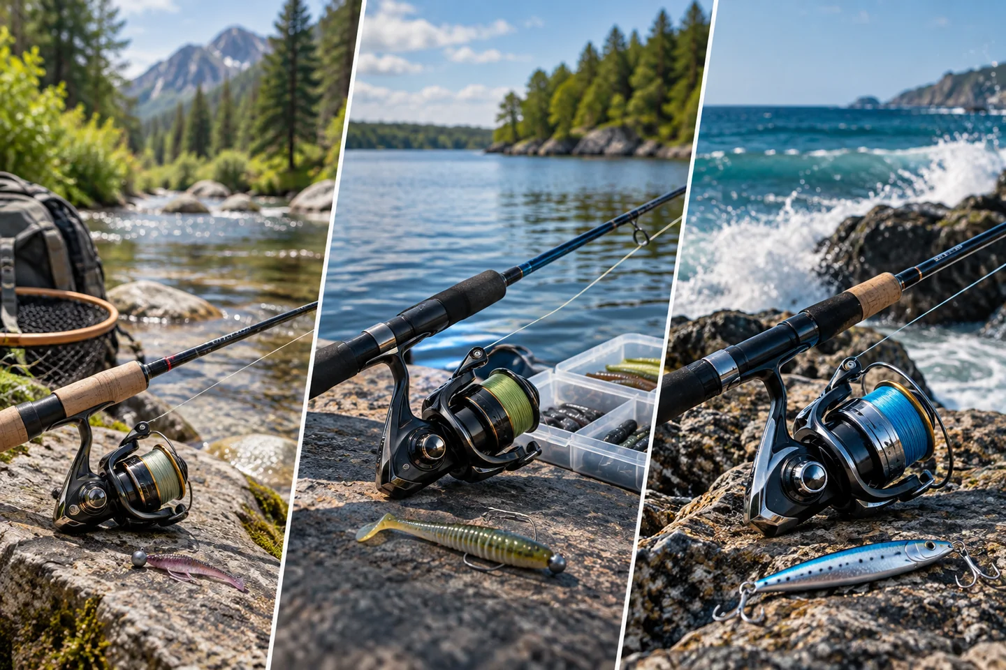 Generic spinning setups shown in stream, lake, and rocky coastal fishing environments