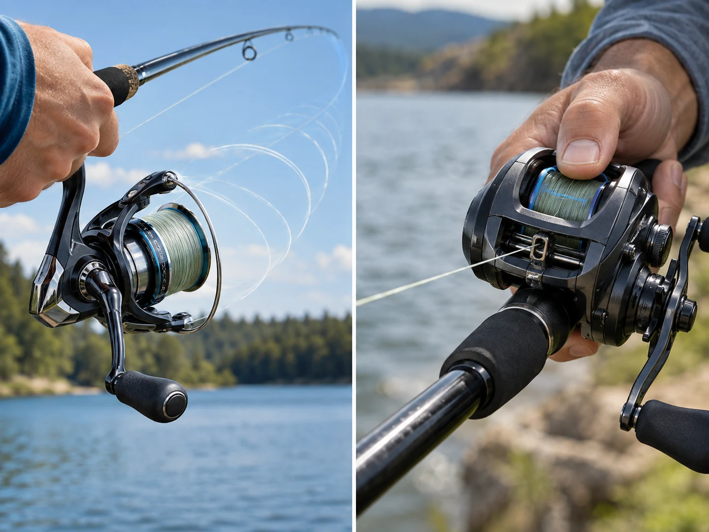 Split view comparing spinning reel line release with thumb control on a baitcaster