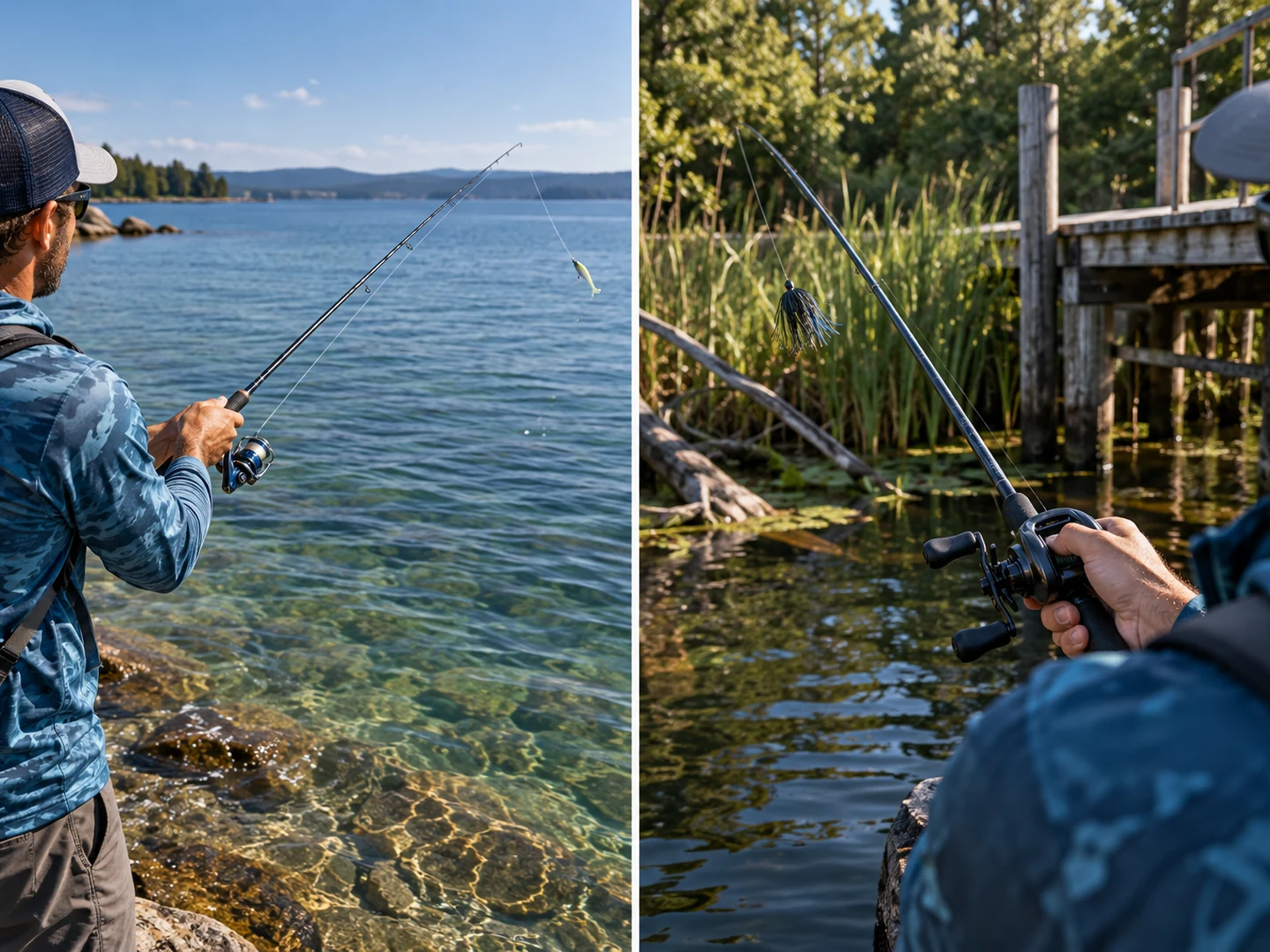 Split view of spinning tackle in open water and baitcasting tackle near cover