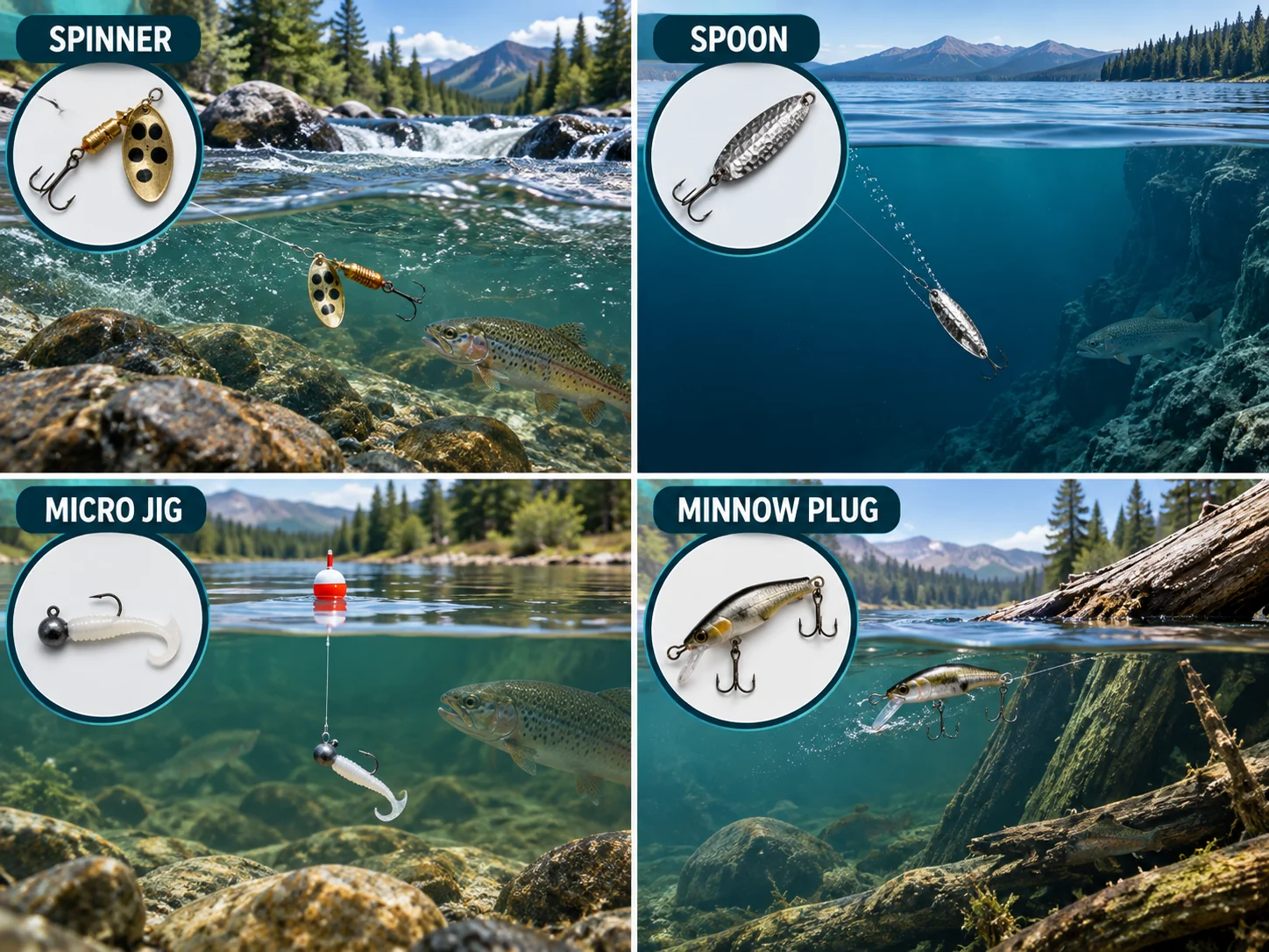 Four-panel trout lure guide showing a spinner, spoon, micro jig, and minnow plug in different water types