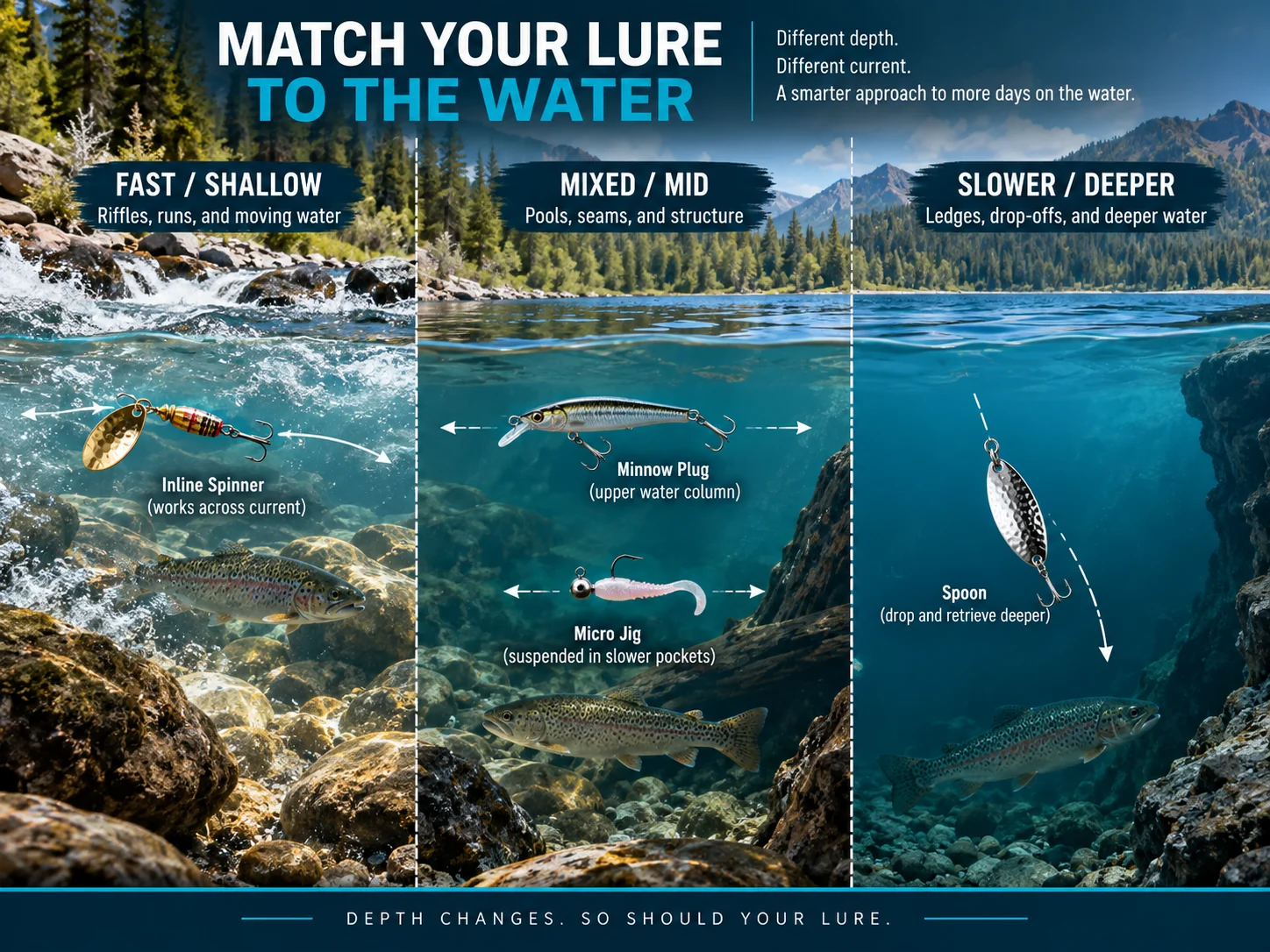 Trout lure selection guide matching spinner, minnow plug, micro jig, and spoon to current and depth