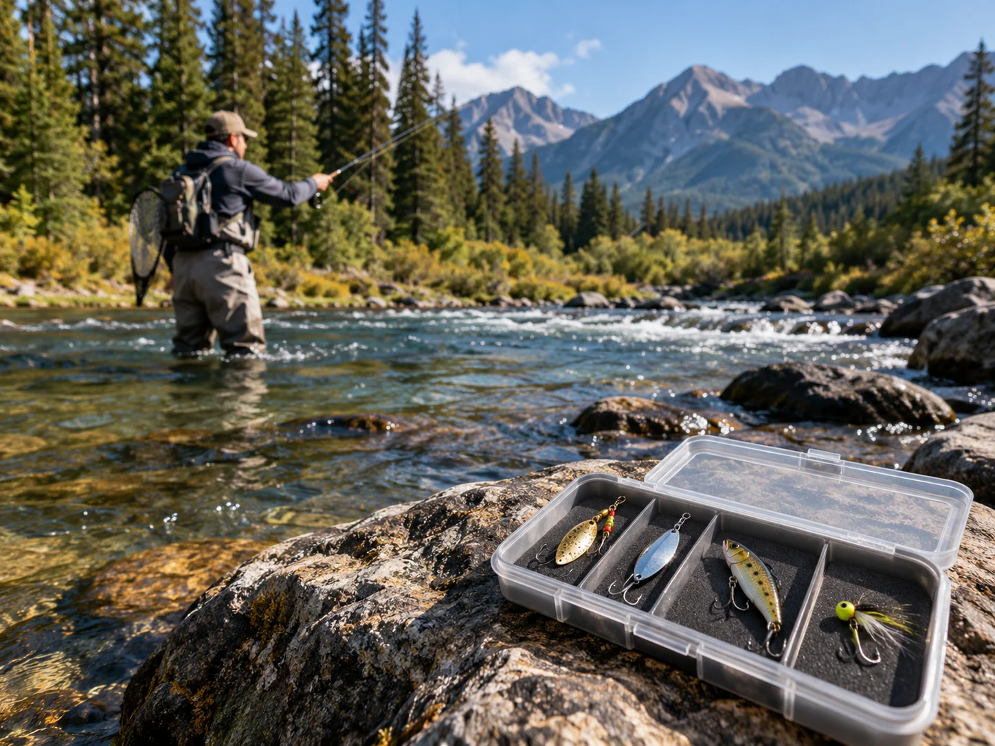Angler casting in a mountain stream with a trout lure box on a riverside rock